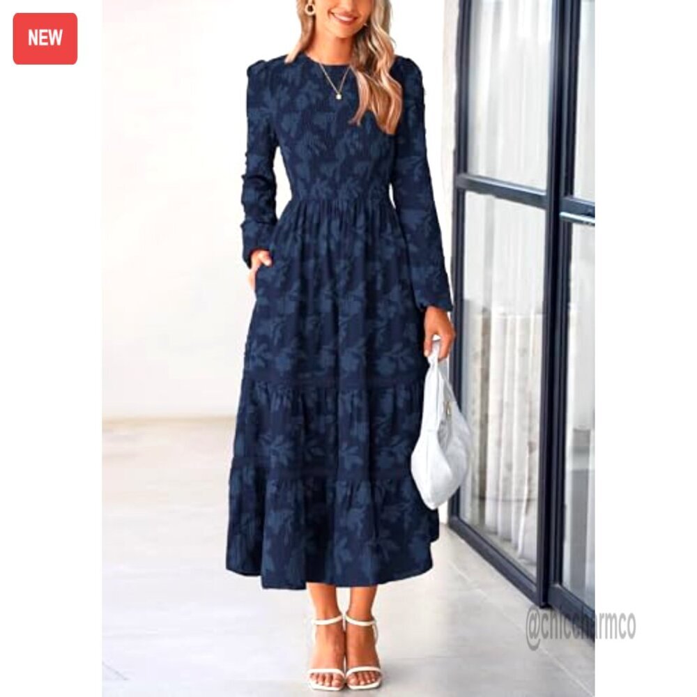 Long Sleeve Smocked Midi Dress, Floral Boho, Flowy Wedding Guest Dress - Picture 6 of 7